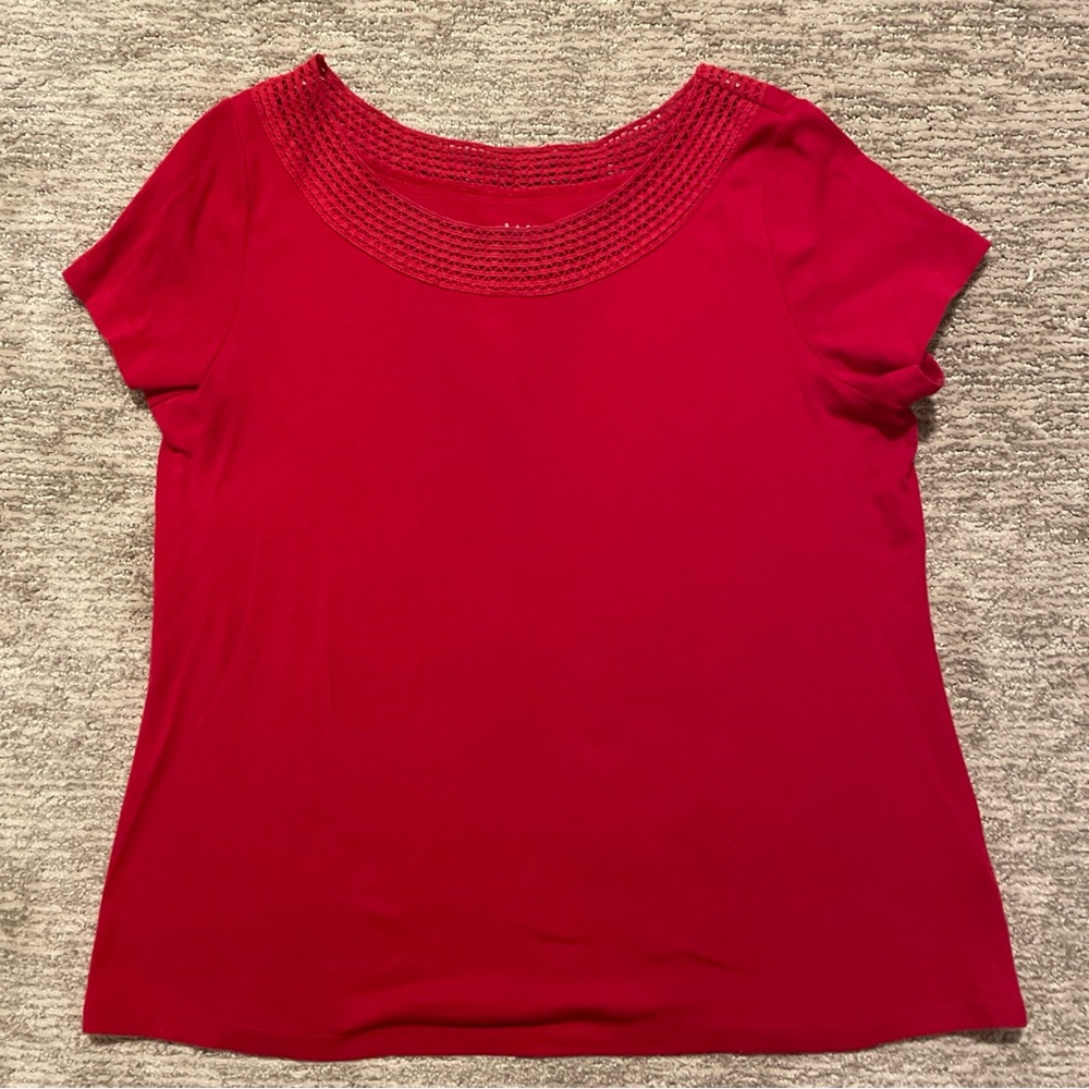 Basic Editions Women's Large Round Crochet Lace Neck Short Sleeve Red Cotton